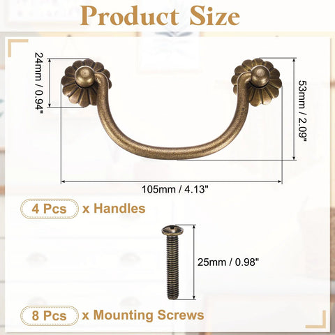 Product size diagram of Four Brass Drawer Pulls And Knobs Set With Double Mounting Holes In Vintage Flower Ring Design 4.13 Inch Long
