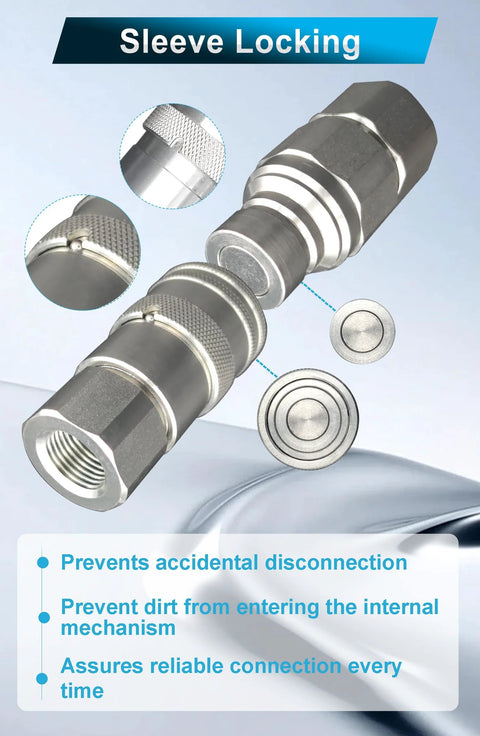 1/2 in NPT flat-face hydraulic quick-connect couplers, close-up view with dust caps