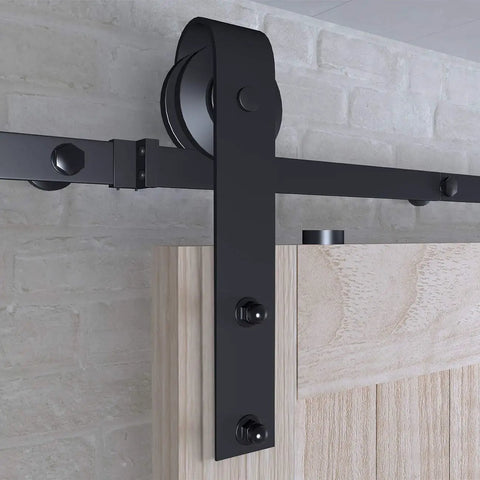 Six Point Six Foot Sliding Barn Door Hardware Kit With Five Track System for Doors from Thirty Five to Forty Inches Wide installed