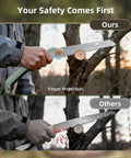 Comparison of a Foldable Pruning Saw 9.5 Inch SK5 Blade With Adjustable Cutting Angles For Tree Trimming Gardening Camping And Yard Work Ergonomic Non Slip Grip And Sharp Triple Cut Blade showing safe grip and protection.