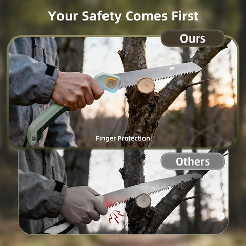Comparison of a Foldable Pruning Saw 9.5 Inch SK5 Blade With Adjustable Cutting Angles For Tree Trimming Gardening Camping And Yard Work Ergonomic Non Slip Grip And Sharp Triple Cut Blade showing safe grip and protection.
