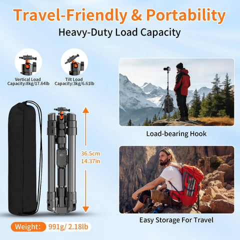 75 Inch Extendable Camera Tripod With Remote Shutter And 360 Degree Ball Head displayed near mountains highlighting portability and ease of travel storage