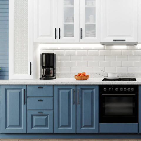 Modern kitchen with Matte Black Cabinet Handles 5 Inch Overall Length With 3 Inch Hole Centers 76 Mm Cabinet Pulls on blue cabinets.