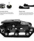 Kickass Smart Robot Tank Chassis Kit Built With Aluminum Alloy And 2WD Motors For Jetson Nano Raspberry Pi Arduino DIY STEM Projects And ROS Research Durable Low Noise Track Base For Serious Learning side view with tracks and wheels.