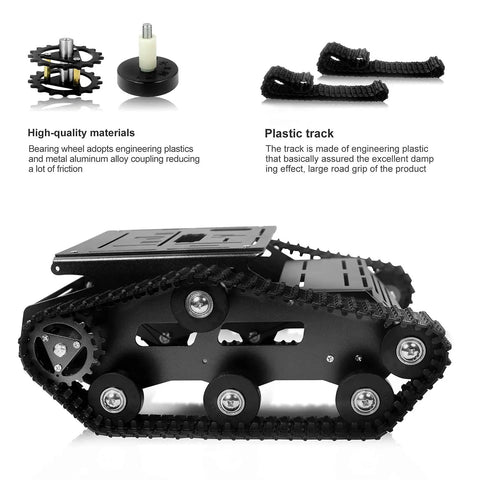 Kickass Smart Robot Tank Chassis Kit Built With Aluminum Alloy And 2WD Motors For Jetson Nano Raspberry Pi Arduino DIY STEM Projects And ROS Research Durable Low Noise Track Base For Serious Learning side view with tracks and wheels.