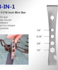 6-11/16 inch mini bar stainless steel with pry bar, nail puller, wrench, bottle opener, scraper for baseboard removal