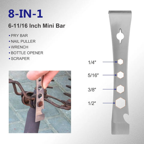 6-11/16 inch mini bar stainless steel with pry bar, nail puller, wrench, bottle opener, scraper for baseboard removal