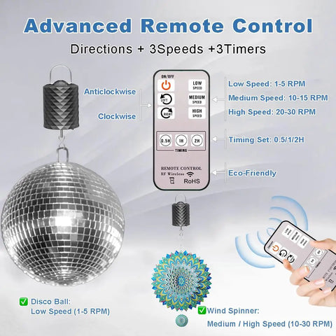 Disco Ball Motor With Remote For 6 To 20 Inch Mirror Balls, 12 Lbs Capacity displayed with remote control settings.