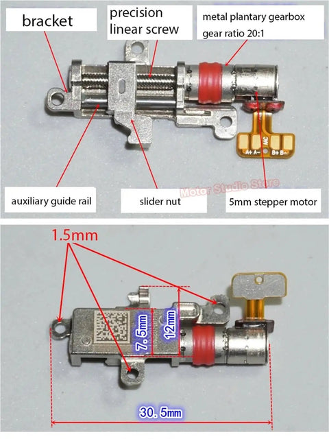 High Performance 5mm Gear Reduction Stepper Motor With Slick Metal Linear Screw Slider And Secure Fastening Nut Designed For Camera Phone Lifting Rig Modifications, showing precision linear screw and gearbox.