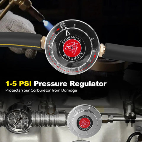 Adjustable Carburetor Fuel Pressure Regulator Kit With 0-15 PSI Gauge, Universal Fit For Classic Cars, Motorcycles, Boats, And Other Rides, Includes Fuel Block And 8mm 10mm Adapters For Smooth 1-5 PSI Tuning. close-up installed