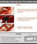 Comparison of adjustable mortise jig showing close-up features of metal construction and anti-slip pads for door hinges.