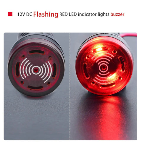 22mm Piezo Buzzer With Red Indicator Light 12V DC AC LED 7/8 Inch Mount Intermittent Beep Alarm Flash Signal for Control Panel