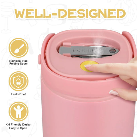 20oz Leak Proof Insulated Lunch Bowl With Wide Mouth Stainless Steel Thermos Jar Keeps Soups And Meals Hella Warm All Day Long Smooth Grab And Go Meal Prep Container For Kids And Adults Pink top view with stainless steel spoon and steam