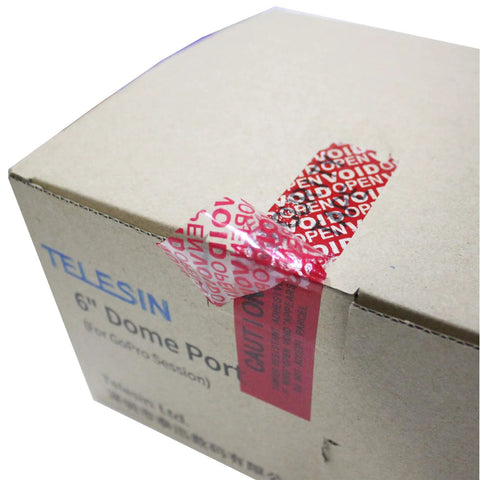 Tamper-evident security tape on a cardboard box; red void-film, 1-inch wide seal.