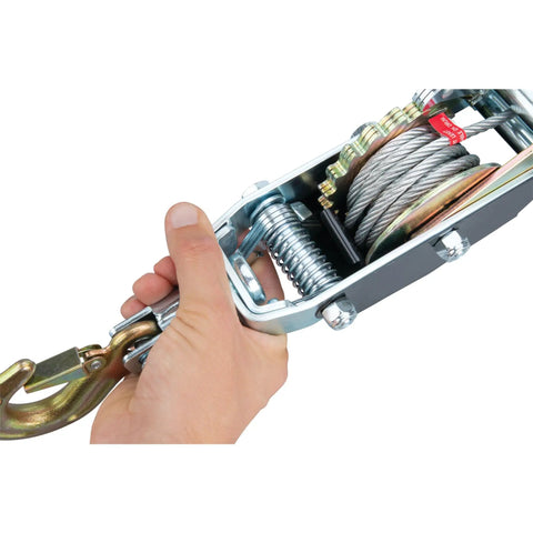Close-up of Power Puller 4 Ton Capacity Heavy Duty Beast Cable Winch showing steel cable and hook for vehicle recovery.