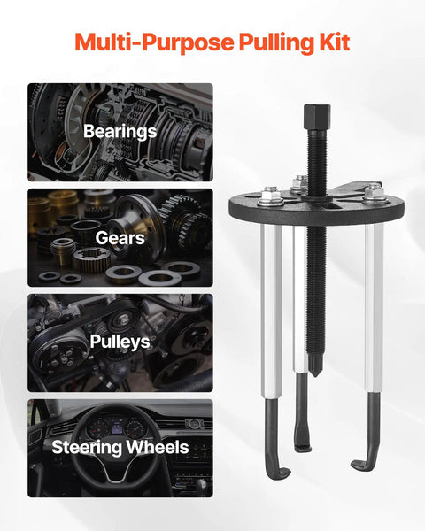 Beefy 21 In 1 Bearing Puller Set With Heavy Duty 3 Jaw Hooks For Internal And External Bearings And Bearings Without Inner Shaft, Pro Grade Bearing Removal Tool With Portable Storage Case displayed showing uses for bearings, gears, pulleys, and steering wheels.