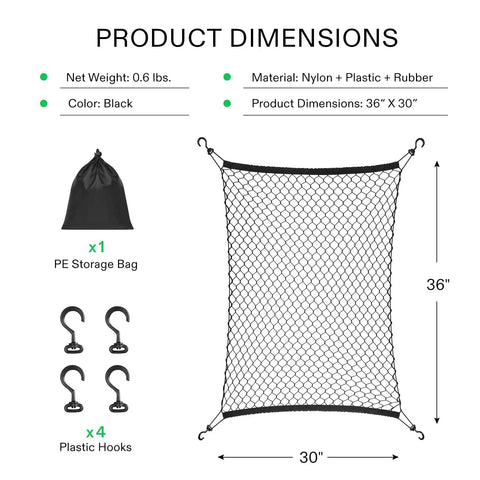 Heavy Duty Nylon Cargo Net For Garden And Folding Wagons Measures 36 By 30 Inches Black Elastic Mesh Keeps Your Haul Locked Down Tight With Zippered Stuff Sack For Beach Cart Truck Bed And Utility Trolley