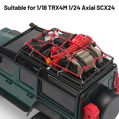 Expedition Ready Off Road RC Rig Gear Kit for 1/18 TRX4M and 1/24 Axial SCX24, featuring luggage net and recovery boards.