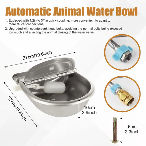 Heavy Duty Stainless Steel Auto Fill Water Bowl With Automatic Float Valve For Dogs And Livestock No Sweat Setup Hella Reliable Outdoor Drinking Trough Kit with dimensions shown.
