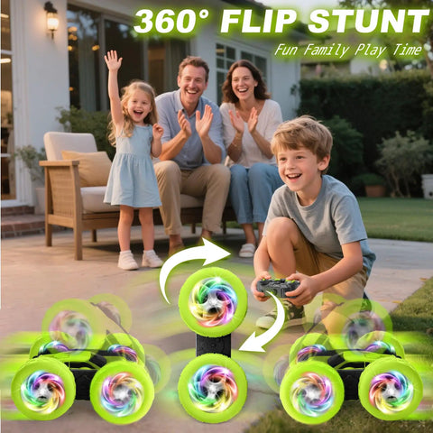 Family playing with Rad Stunt RC Car With Two Point Four GHz Remote 360 Degree Flips Double Sided Crawler USB C outdoors