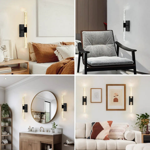Crystal Battery Operated Wall Sconce Set of 2,Rechargeable Wall Sconces with Remote Control,Modern Black Bathroom Vanity Light fixtures in various room settings.