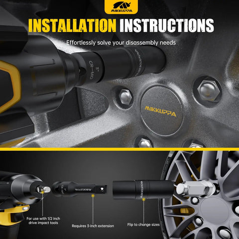 Installation of Heavy Duty Half Inch Drive Impact Socket Set With Flip Heads Double Sided Cr-Mo Steel on wheel lug nuts.