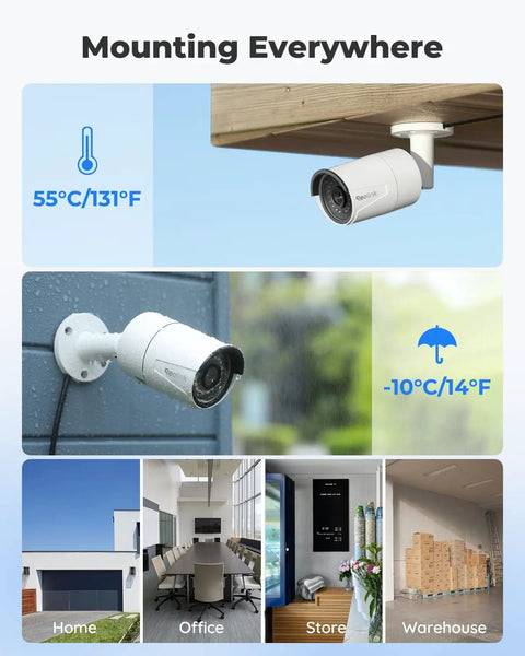 16 Channel 5MP PoE Home Security System With 8 Outdoor Wired Cameras mounted in various locations, withstands extreme temperatures.