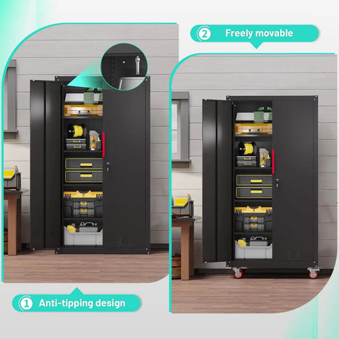 71 Inch Steel Garage Storage Cabinet On Wheels Lockable Metal Tool Cabinet With Four Adjustable Shelves Built Tough