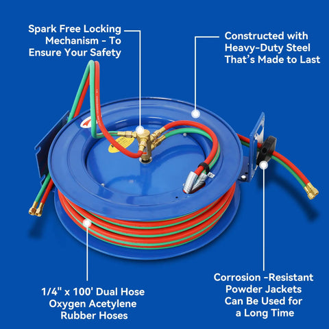 Heavy Duty Welding Hose Reel With Retractable Arm 1/4 Inch By Fifty Feet Twin Oxygen And Acetylene Rubber Hoses Industrial