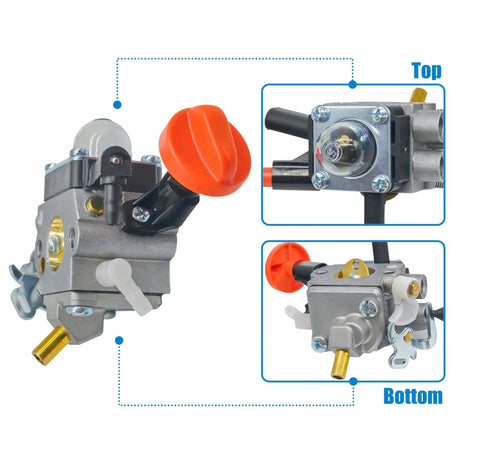 Stihl KM131R FS131 Carburetor Kit showing carburetor assembly with air filter, fuel line, and connectors for trimmers.