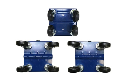 Beefy Three Piece Snowmobile Dolly Set with 990 lb capacity heavy duty steel dollies, 7x7 inch plates, and hard rubber wheel casters, blue finish.