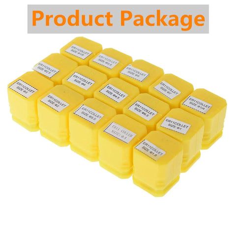 ER11 Spring Collet Set 15 pieces from 1mm to 7mm in yellow packaging, for CNC milling and lathe tool holding.