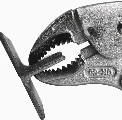Close-up of 7.5 Inch Screw Removal Locking Pliers For Stripped Screws PZ65 gripping metal, showing quick release and secure grip mechanism.