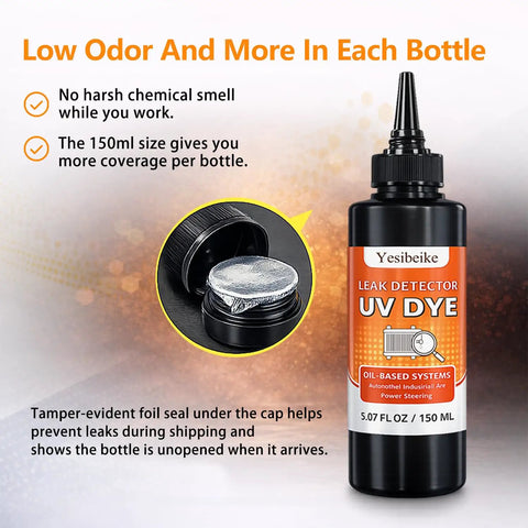 Oil Based UV Leak Detection Dye 150 Ml With Precision Nozzle for Dirty Engine Oil ATF Fuel and Hydraulic Systems bottle