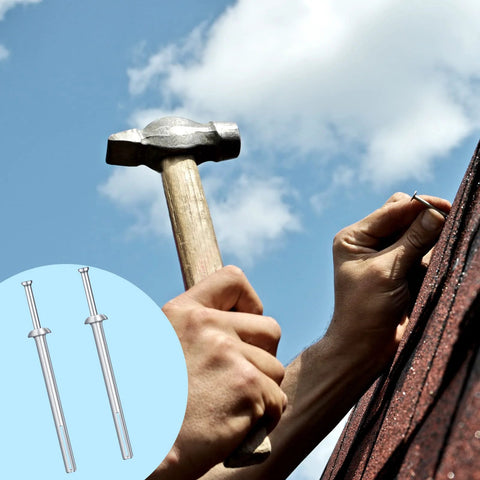 Person hammering 100 Pack One Quarter Inch By Three Inch Drive Nails For Anchor Hammer In Expansion Anchors Rustproof Zinc Plated Concrete Nails For Brick.