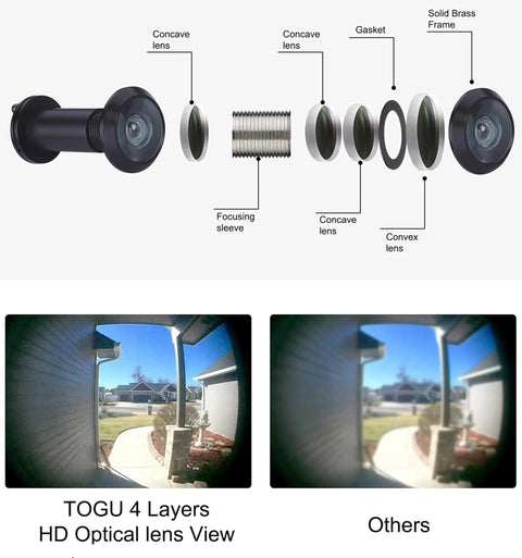 Exploded view of Solid Brass 220 Degree Door Peephole With HD Glass Lens, Privacy Cover, Matte Black, lens comparison included