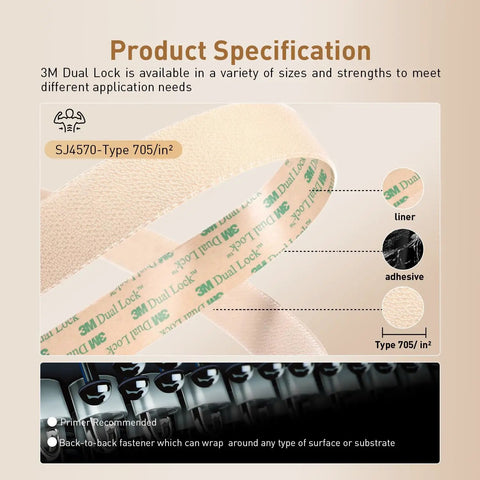 Dual Lock Reclosable Fastener Tape 2 Inch Wide By 7 5 Feet Long Roll showing product specifications and material details.