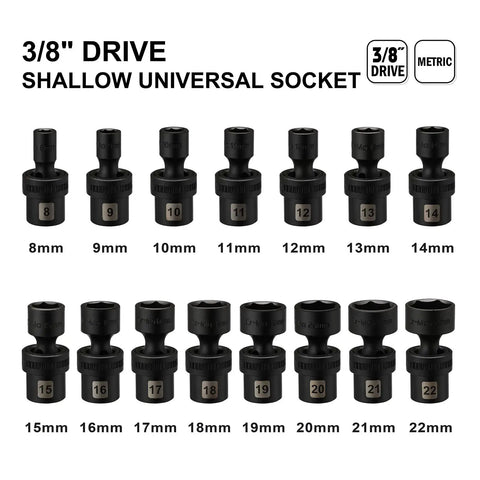 Three Eighths Inch Drive Shallow Universal Impact Socket Set, 15 Piece, 6 Point Metric 8mm To 22mm, arranged with labels