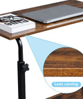 Laptop and books on a Mobile Side Table On Wheels Height Adjustable Laptop Cart For Living Room And Bedroom C Shaped Bed End Table With Edge Stopper Must Have Portable Rolling Desk For Your Couch Or Bed Rustic Brown Finish