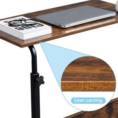Laptop and books on a Mobile Side Table On Wheels Height Adjustable Laptop Cart For Living Room And Bedroom C Shaped Bed End Table With Edge Stopper Must Have Portable Rolling Desk For Your Couch Or Bed Rustic Brown Finish