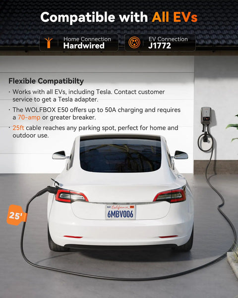 Level 2 50 Amp EV Charger EVSE With J1772 Connector Hardwired 25 Ft Cable Indoor Outdoor Use CSA Certified WiFi Enabled RFID