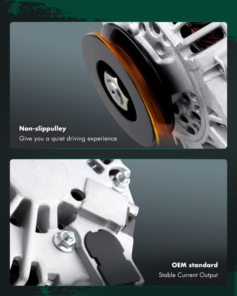 Close-up of non-slip pulley and OEM standard features on Alternator Replacement For Nissan Frontier And Xterra Two Point Four Liter 12V 70 Amp One Groove Pulley Drop In Fit OE Replacement Fits 1998 Through 2004 Frontier And 2000 Through 2004 Xterra L4