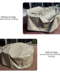 Comparison of patio furniture cover with and without air bags for water and snow pooling prevention, 12 oz waterproof, UV resistant.