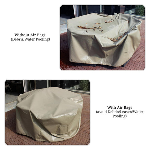 Comparison of patio furniture cover with and without air bags for water and snow pooling prevention, 12 oz waterproof, UV resistant.