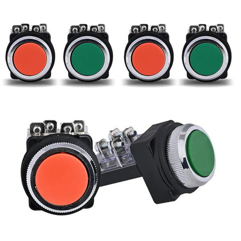 DPST 30mm Momentary Mushroom Head Push Button Switch for Industrial Control 1NO 1NC AC 250V 6A, red and green buttons in 4 pack