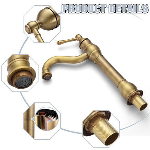 Antique Brass Vessel Sink Faucet With 360 Degree Swivel Spout Tall Brushed Brass Lavatory Vanity Mixer Single Handle Hot Cold Water No Splash Filtered Bubbler Pop Up Drain Deck Mount
