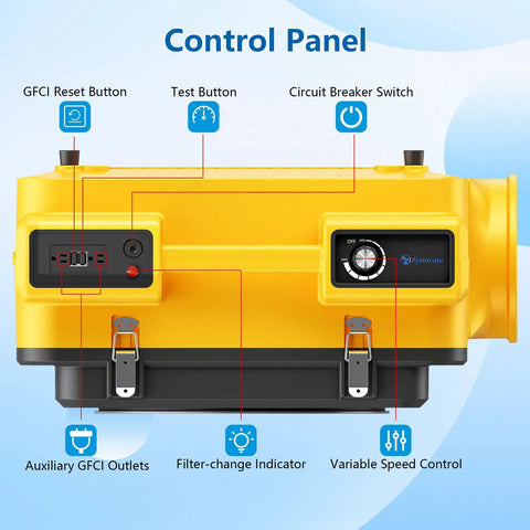 Control panel of Heavy Duty 600 CFM Negative Air Machine With 4 Stage Filtration, showing buttons and indicators.