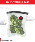 Fresh And Save Vacuum Sealer Starter Set With Rechargeable Machine Six Piece Kit Including Large Storage Container And Multiple Bags For Easy Meal Prep And Prolonged Freshness For Fruits Vegetables And Meats plastic vacuum bag with broccoli visible