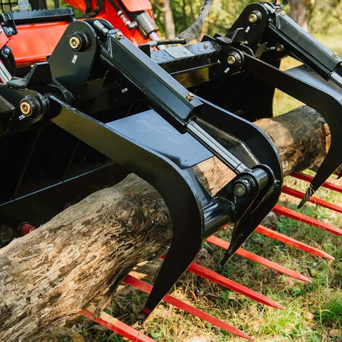 72 Inch Manure Tine Grapple Bucket Attachment with SSQA Hay Spear Frame clamping log, showing twin cylinders and red tines