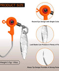 Dope 15 Piece Fishing Jig Heads With Spinner Hooks In Vibrant Mixed Hues Perfect For Crappie And Runner Bass Includes Solid Plastic Tackle Case 1/8 Oz Freshwater Tackle Kit featuring orange round eye jig head, sharp hook, and leaf blade design.